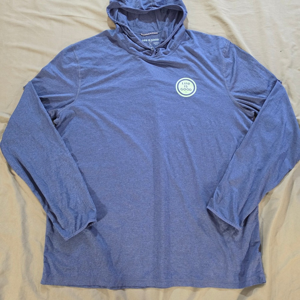 Life is Good Active Mens Blue Performance Hoodie Fish Graphic Pullover Large